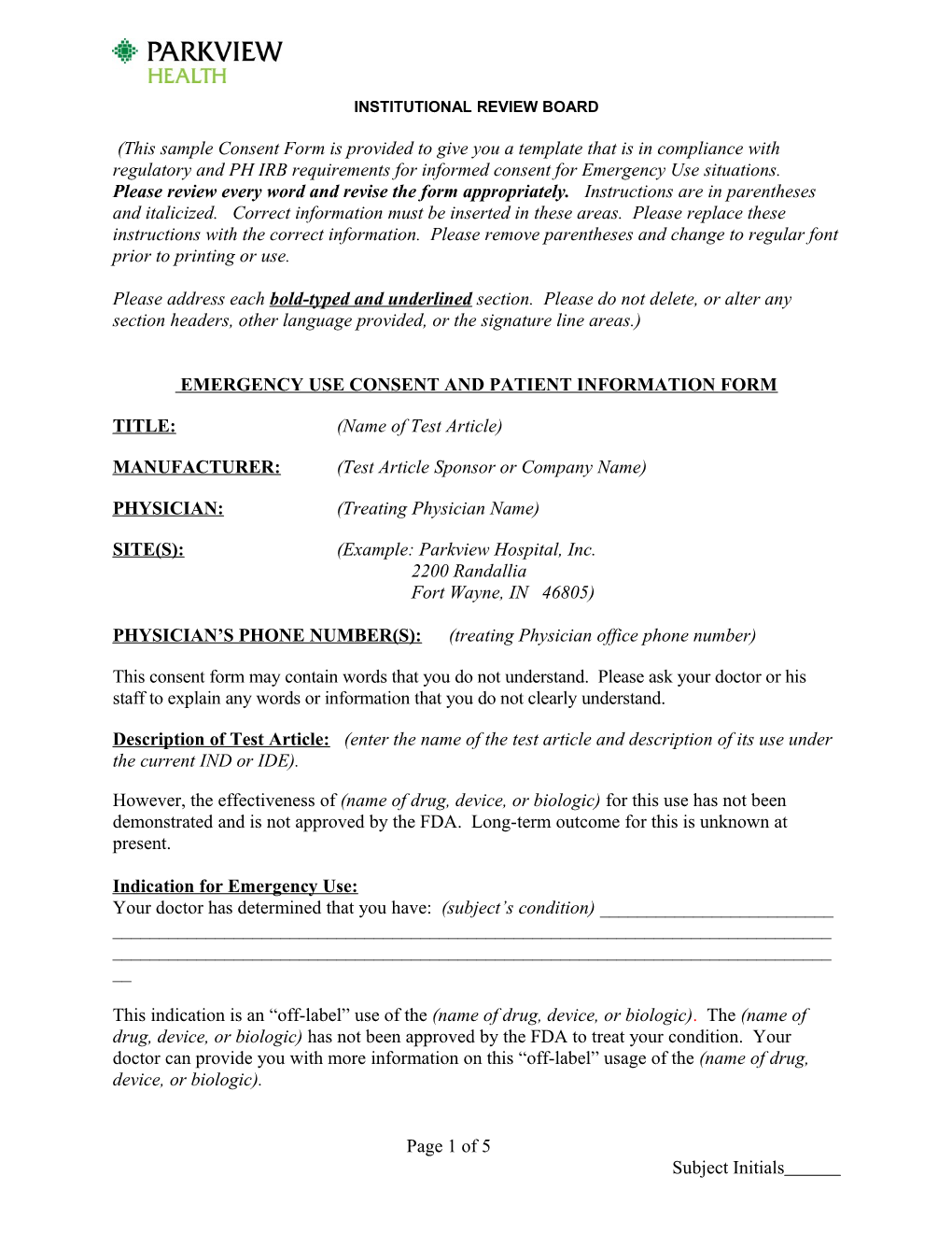 Research Subject Information And Consent Form