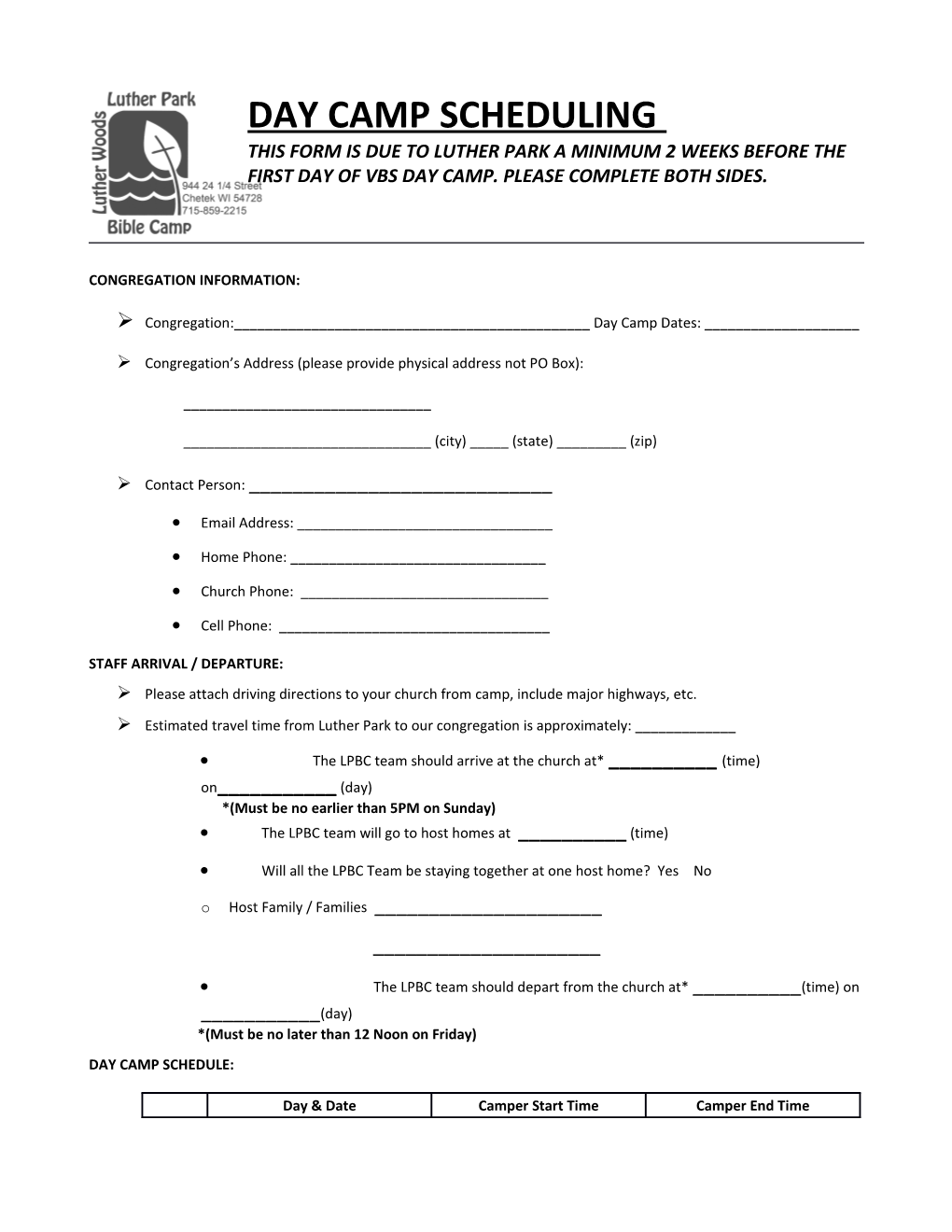 This Form Is Due to Luther Park a Minimum 2 Weeks Before the First Day of Vbs Daycamp