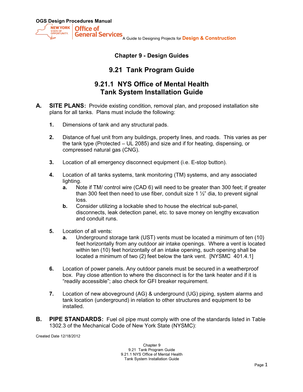 New York State Office of Mental Health (NYSOMH) Tank System Installation Guidance