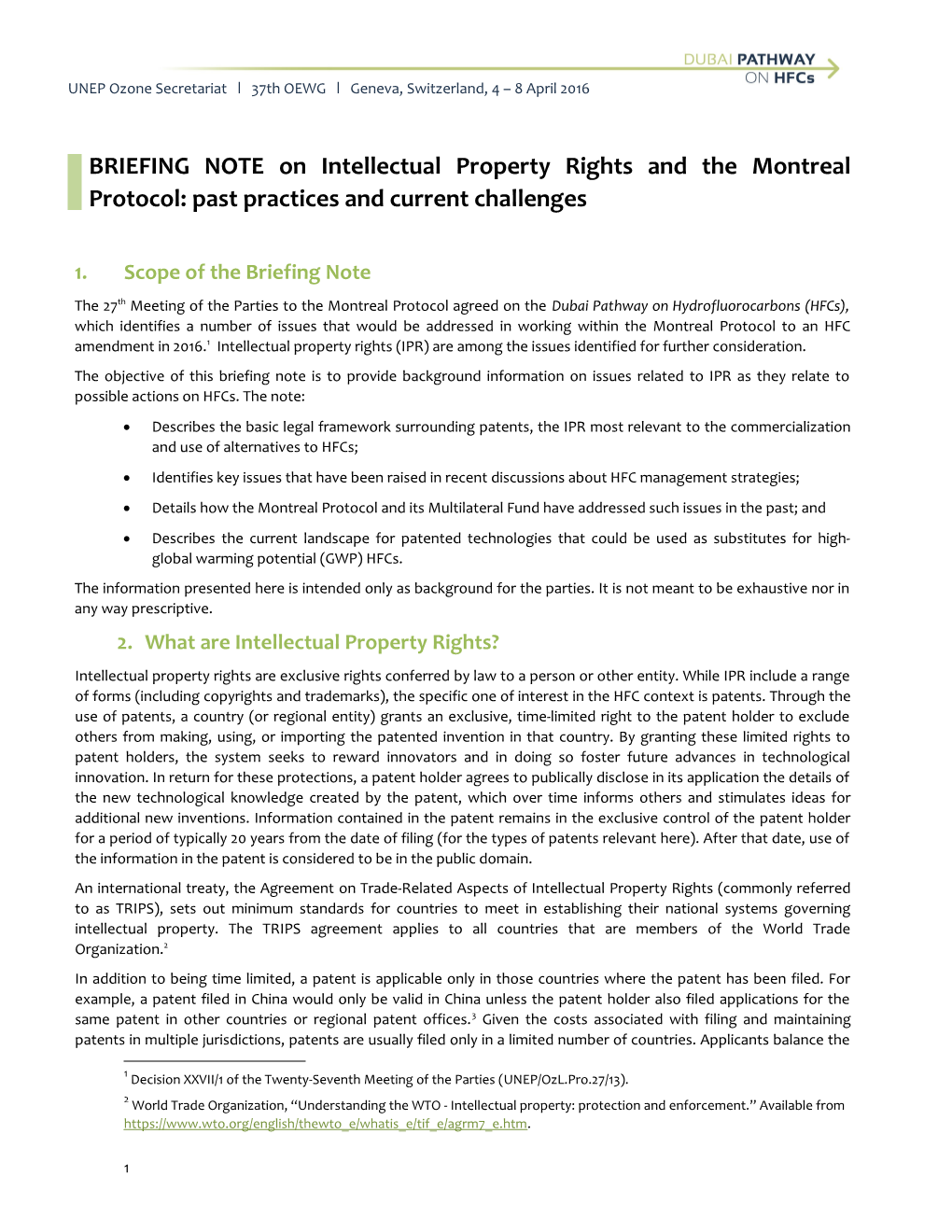 Briefing Note on Intellectual Property Rights and the Montreal Protocol: Past Practices