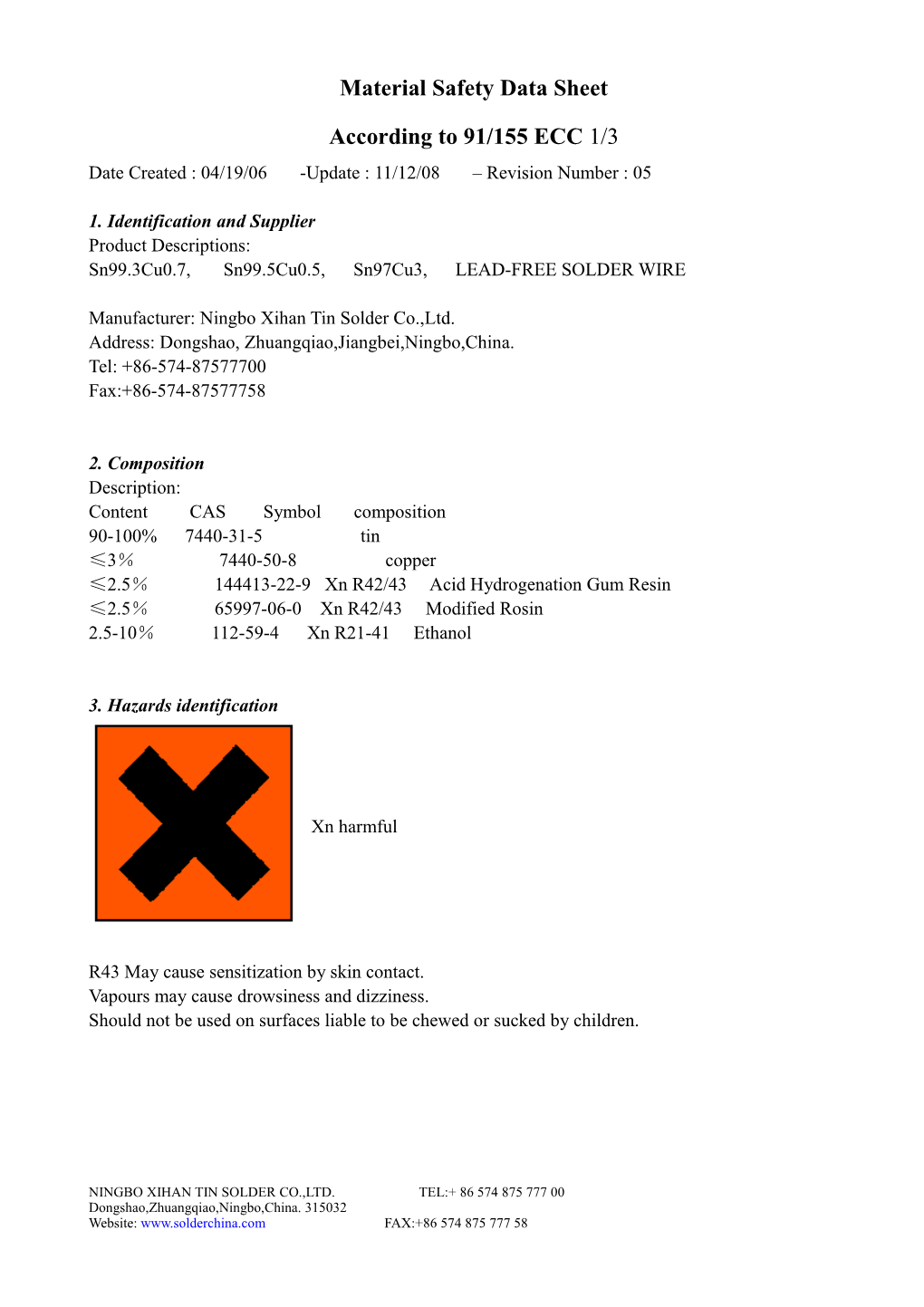 Material Safety Data Sheet s91