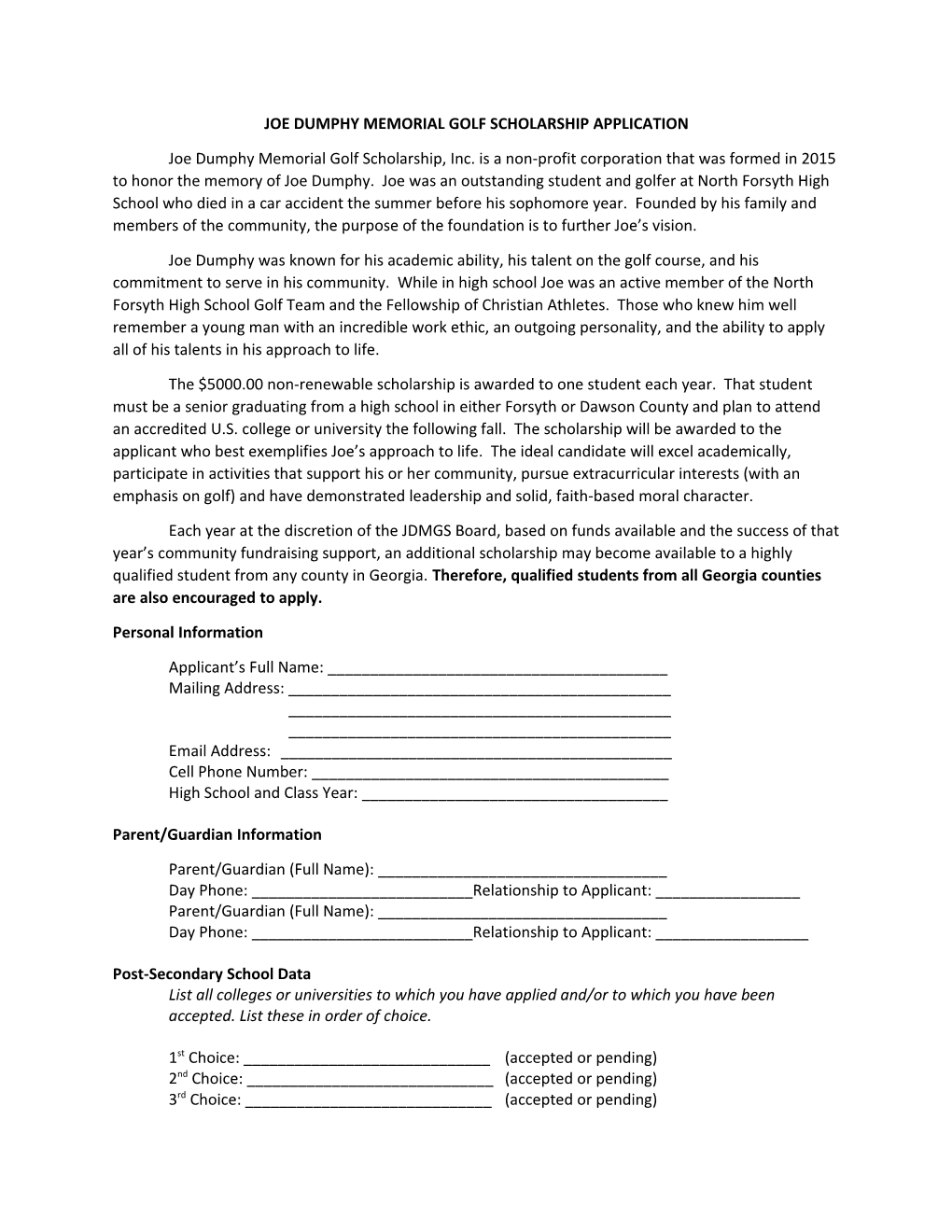 Joe Dumphy Memorial Golf Scholarship Application