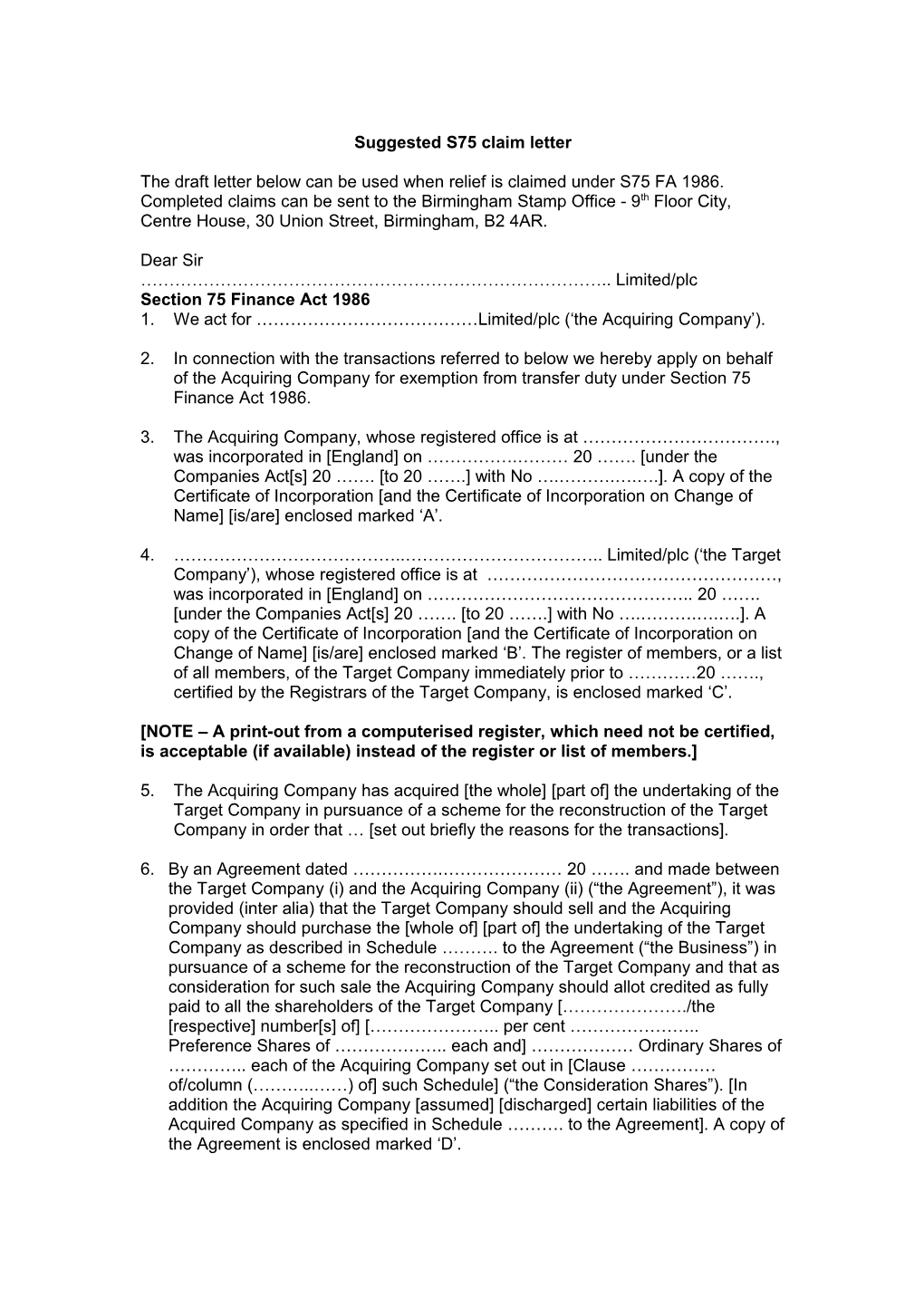 Suggested S75 Claim Letter