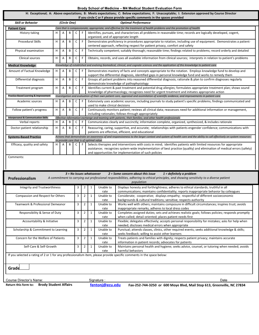Brody School of Medicine M4 Medical Student Evaluation Form