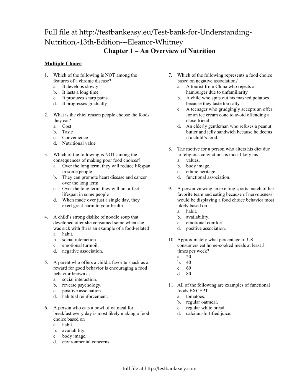 Chapter 1 an Overview of Nutrition s1