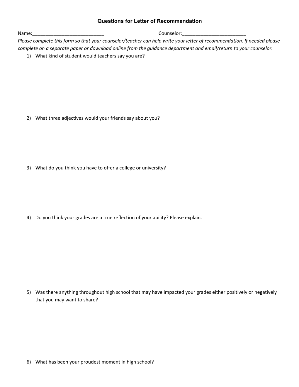 Questions for Letter of Recommendation