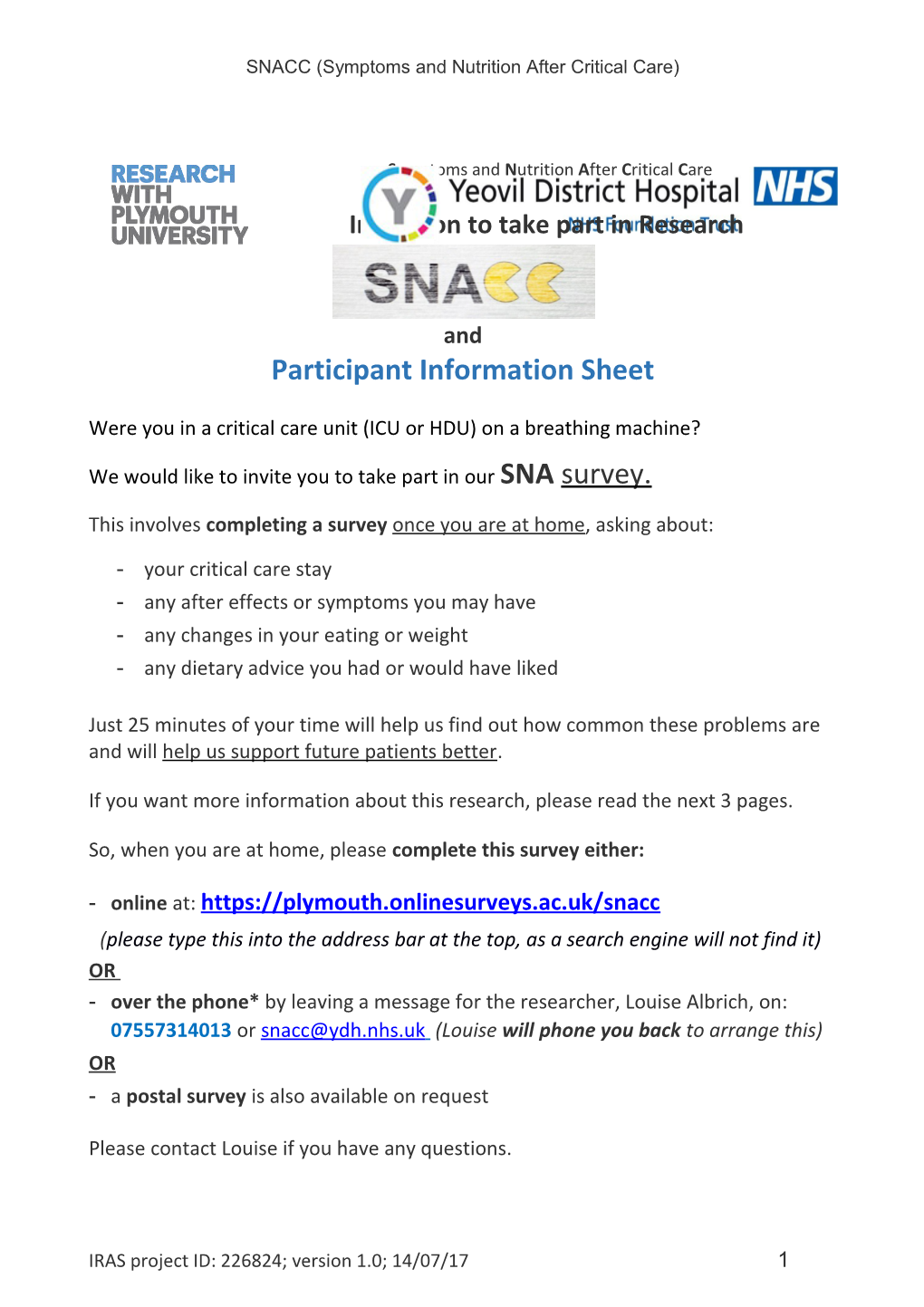 SNACC (Symptoms and Nutrition After Critical Care)