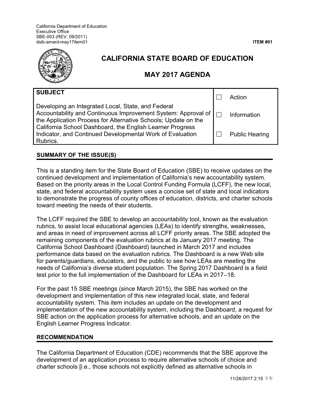 May 2017 Agenda Item 01 - Meeting Agendas (CA State Board Of Education)