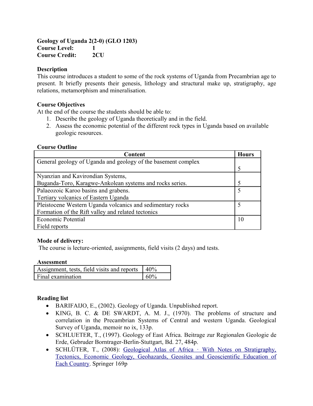 Geology of Uganda 2(2-0) (GLO 1203)