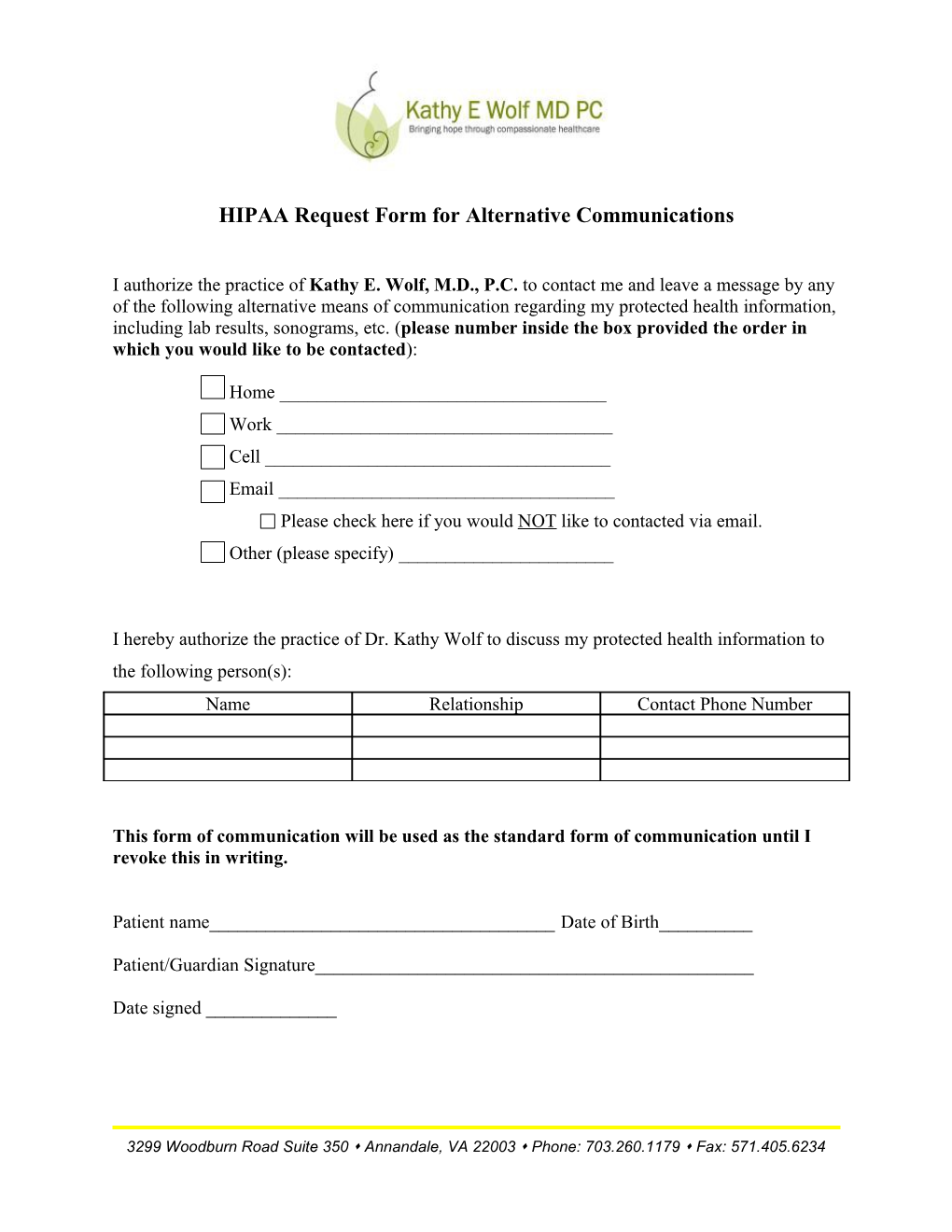 HIPAA Request Form for Alternative Communications