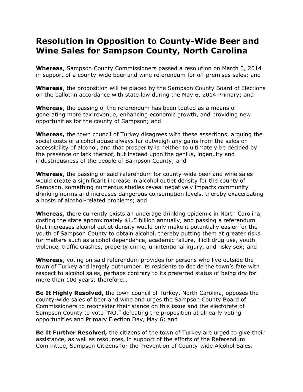 Resolution in Opposition to County-Wide Beer and Wine Sales for Sampson County, North Carolina