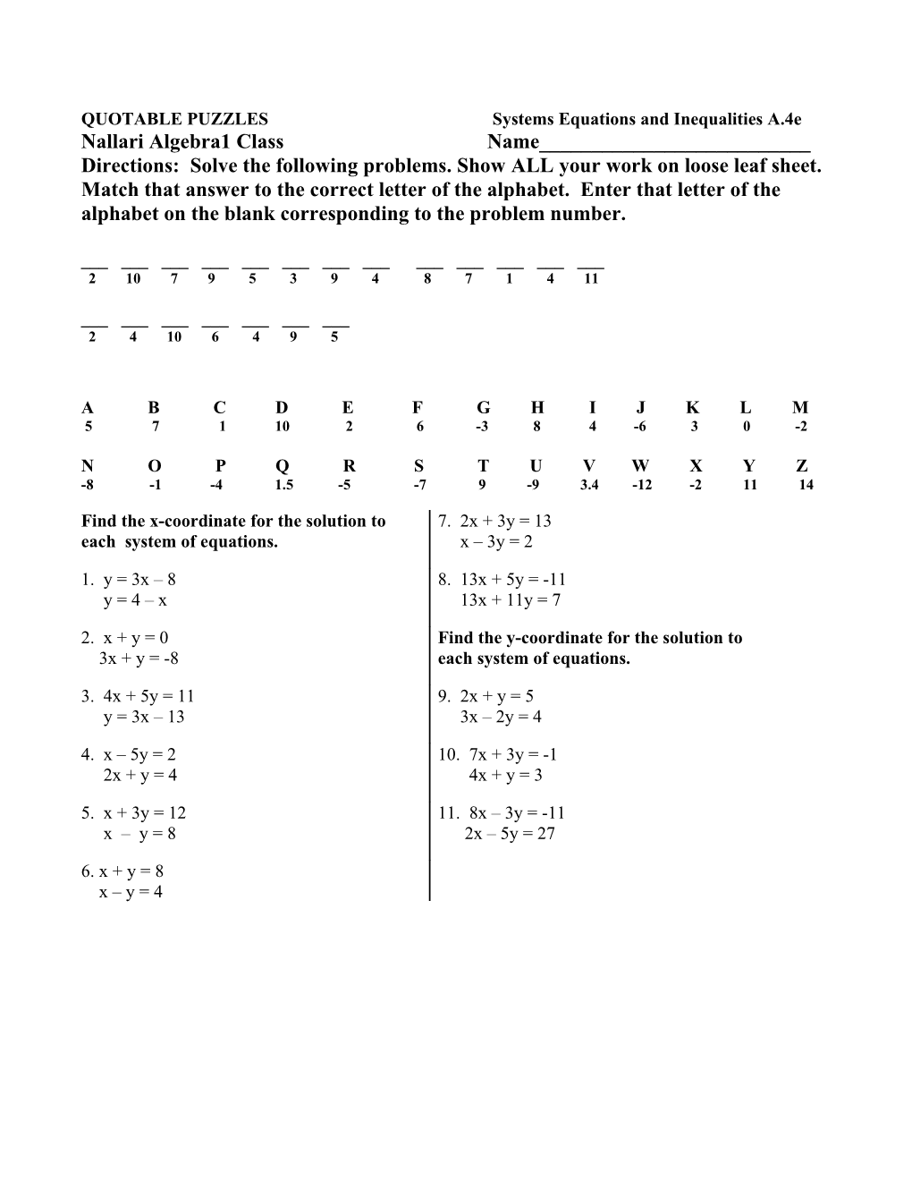 QUOTABLE PUZZLES Systems Equations and Inequalities A.4E