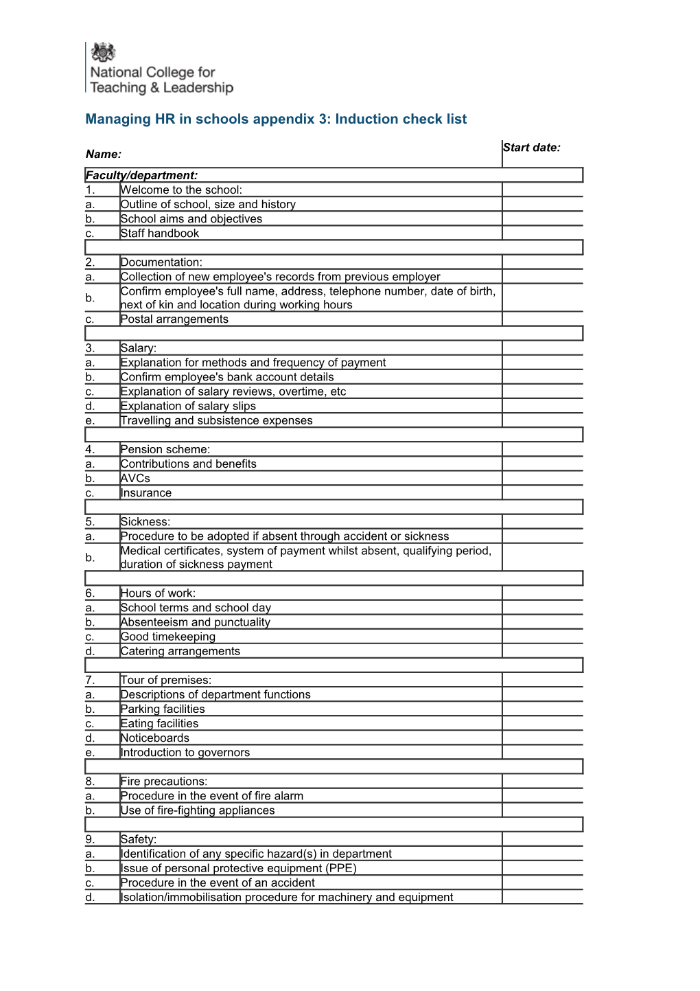 Managing HR in Schools Appendix 3: Induction Check List