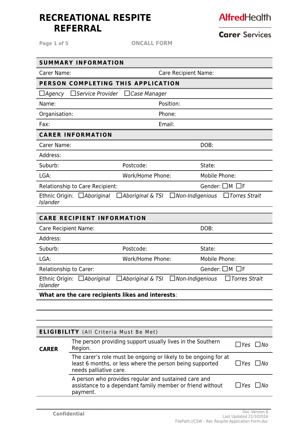 Recreational Respite Referral