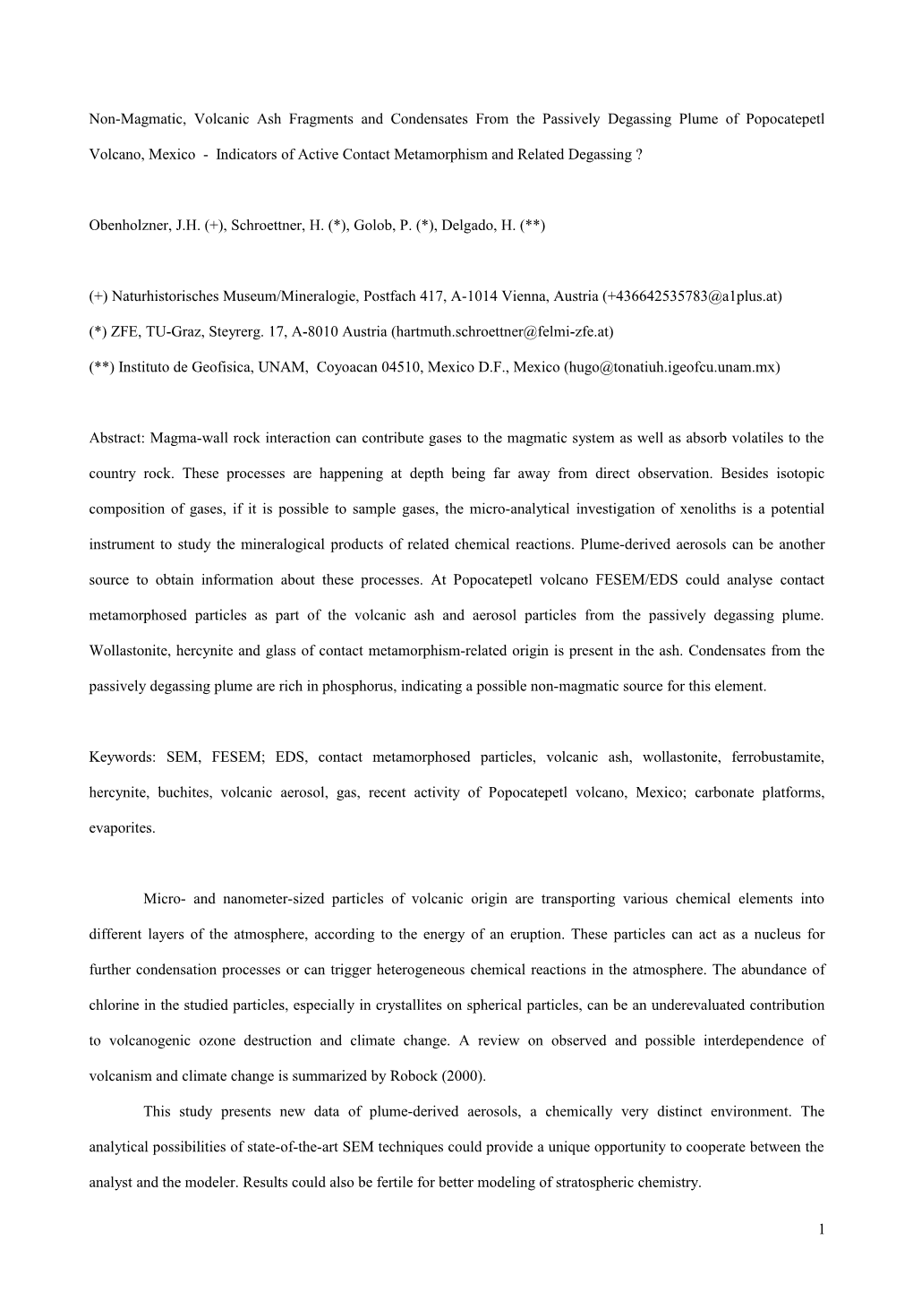 Solid Aerosols from the Plume of Popocatépetl Volcano, Mexico - the FESEM Approach