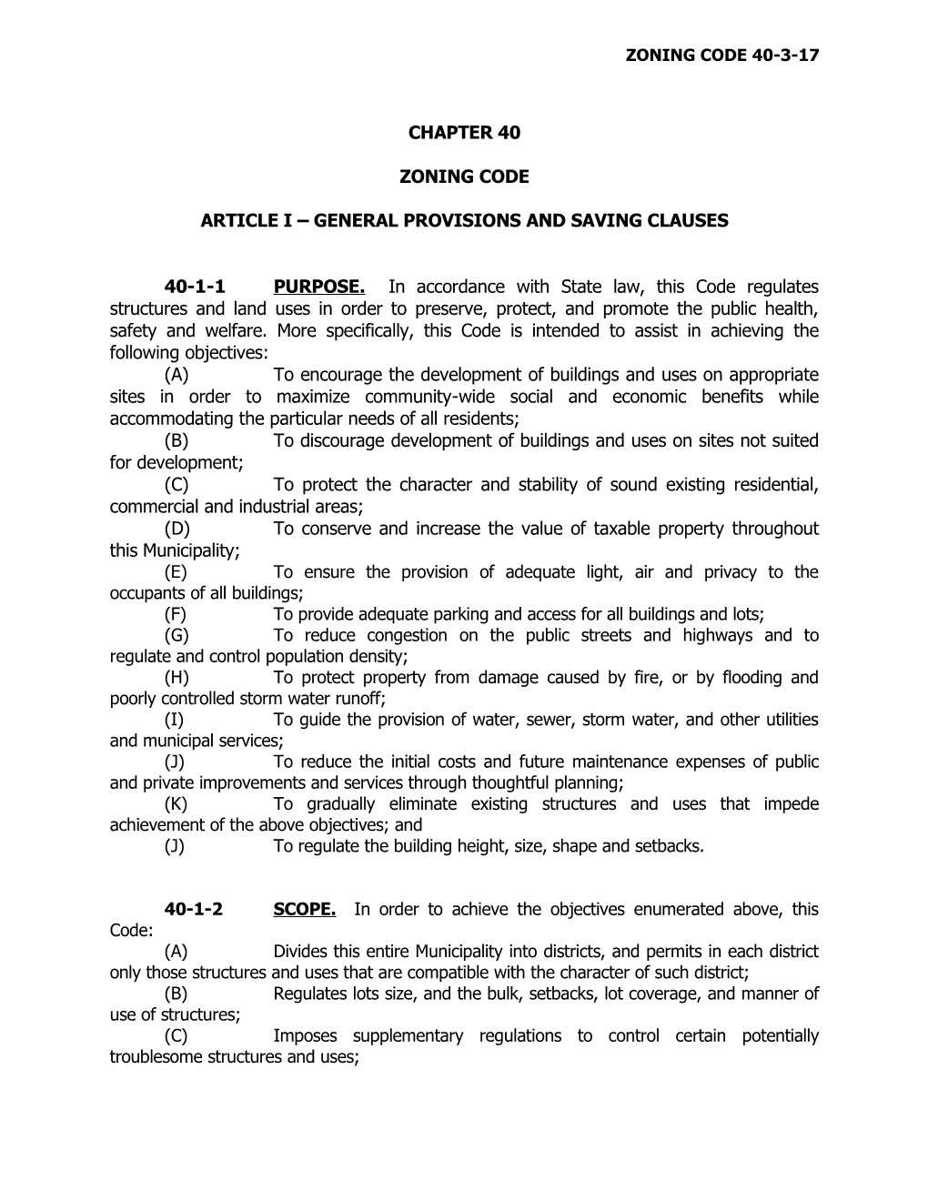 Zoning Code Article I General Provisions and Saving Clauses