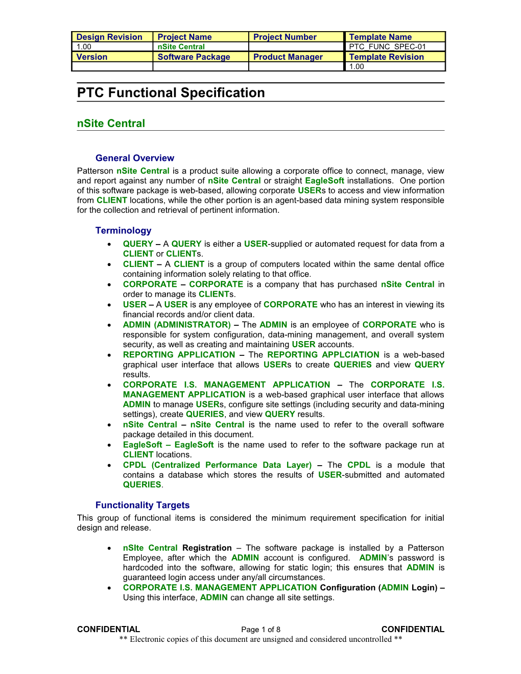 PTC Functional Specification