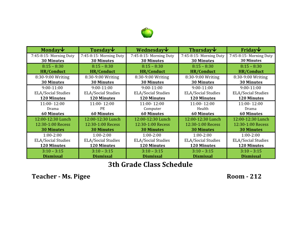 3Th Grade Class Schedule