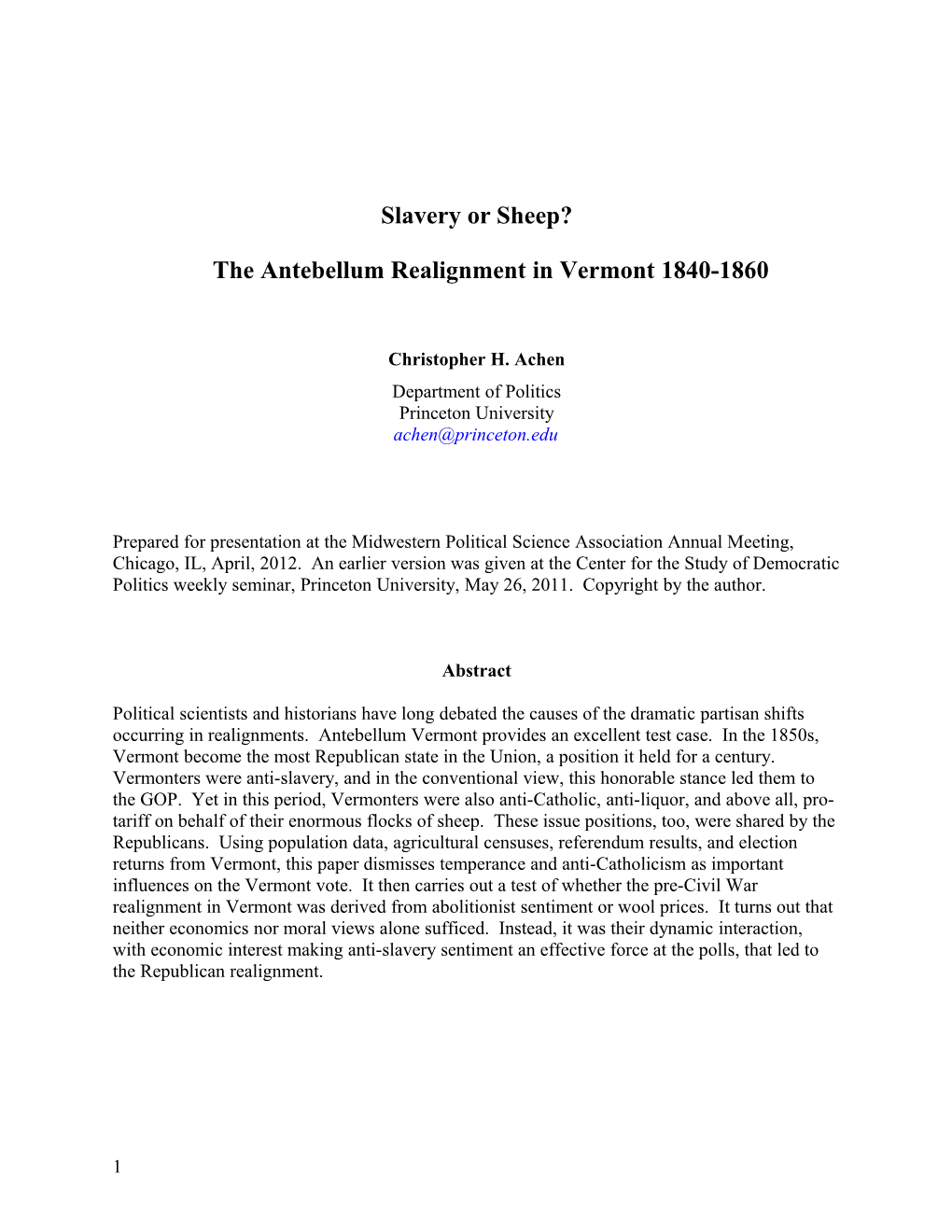 The Antebellum Realignment in Vermont 1840-1860