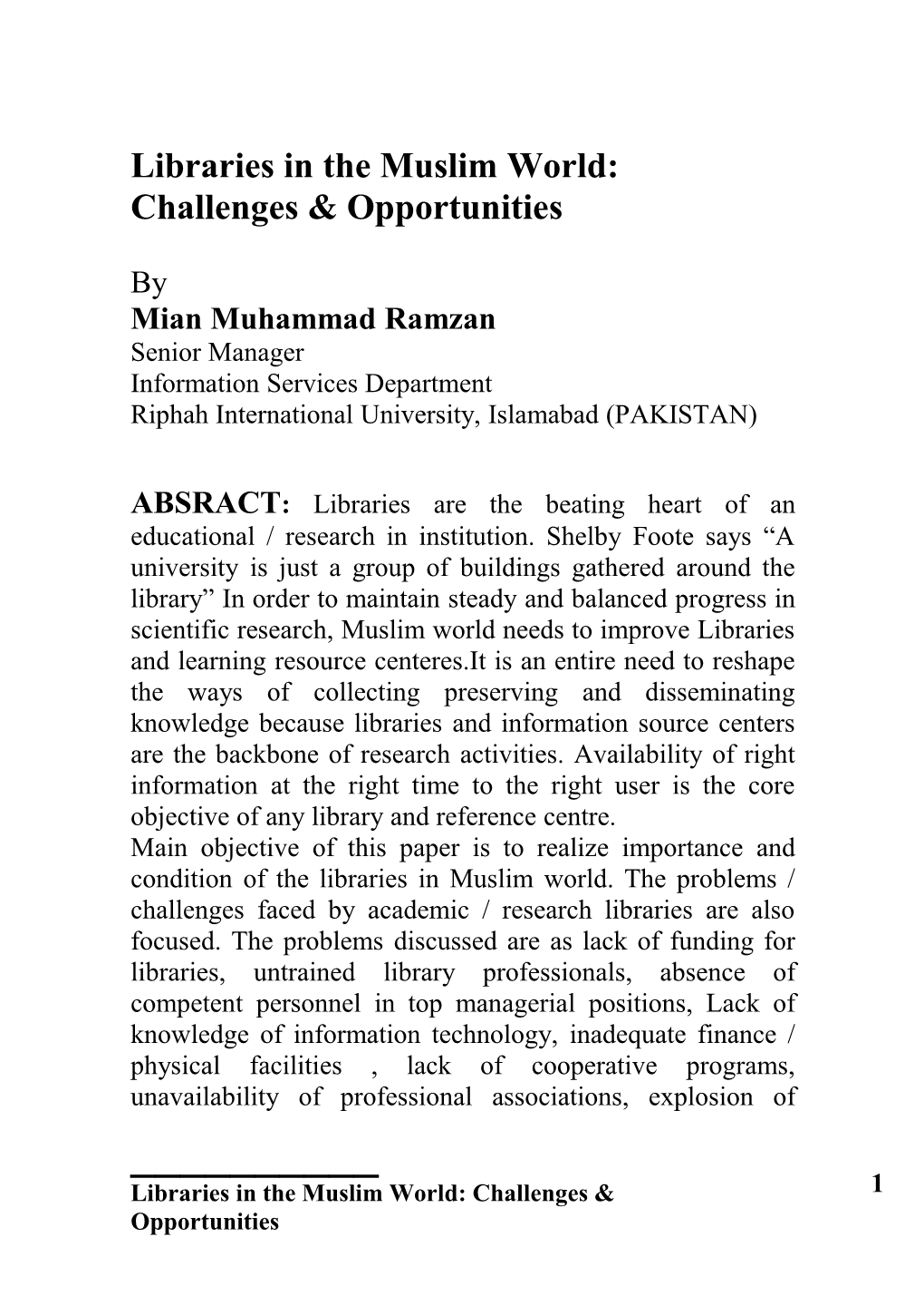 Libraries in the Muslim World: Challenges & Opportunities