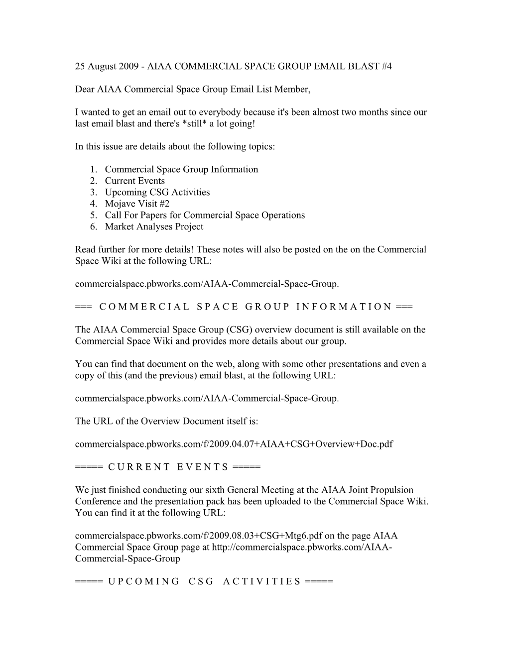 25 August 2009 - AIAA COMMERCIAL SPACE GROUP EMAIL BLAST #4