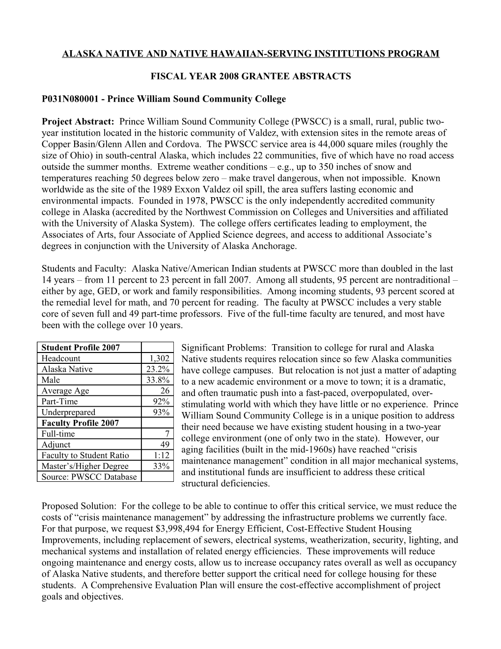 FY 2008 Project Abstracts for the Alaska Native and Native Hawaiian-Serving Institutions