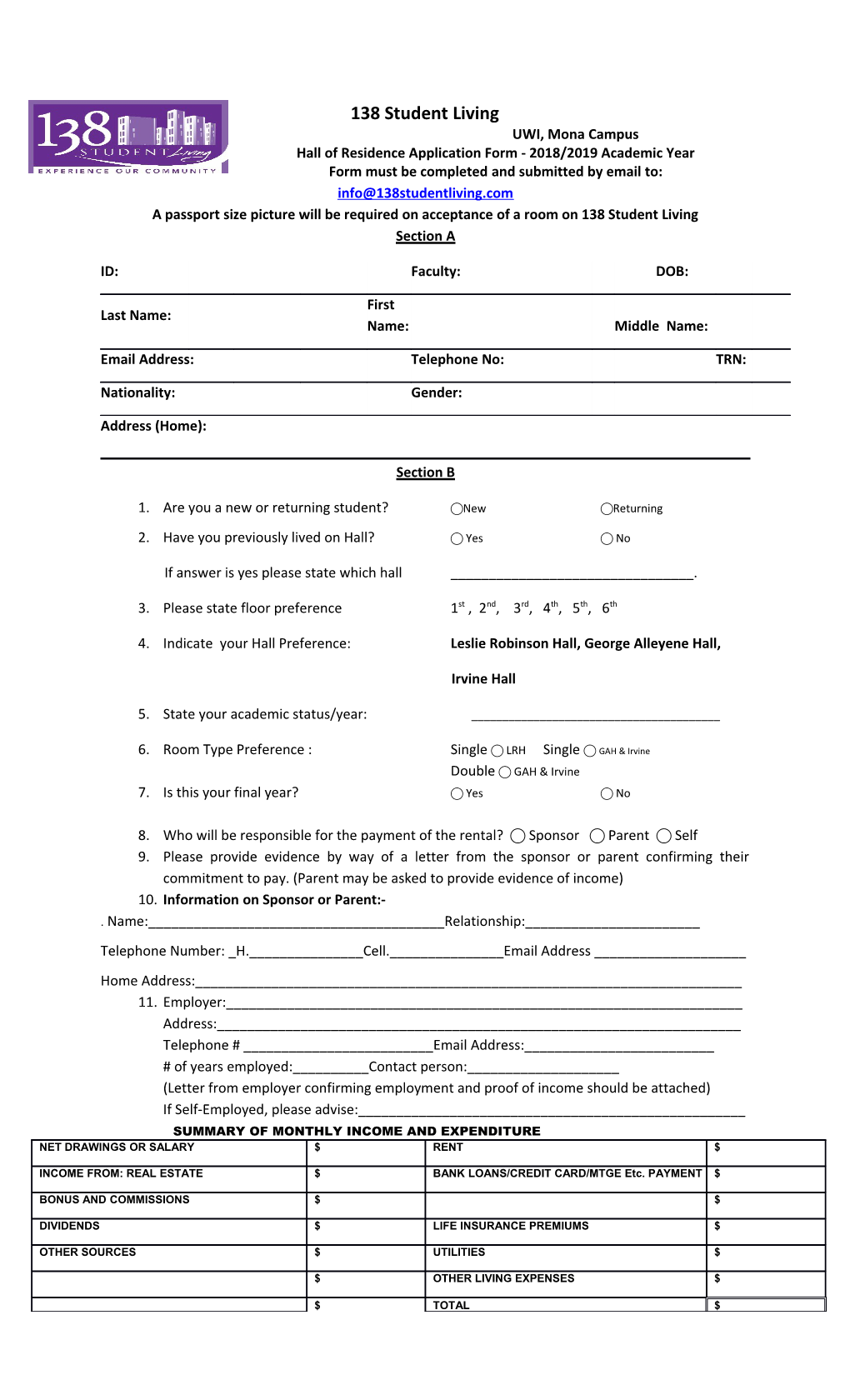 Hall of Residence Application Form - 2018/2019 Academic Year