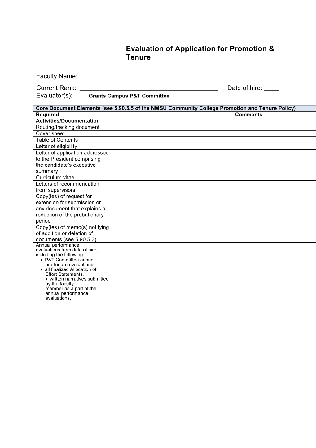 EVALUATION INSTRUMENT 0 Supervisor S Evaluation 0 Division P&T Committee 0 College P&T Committee