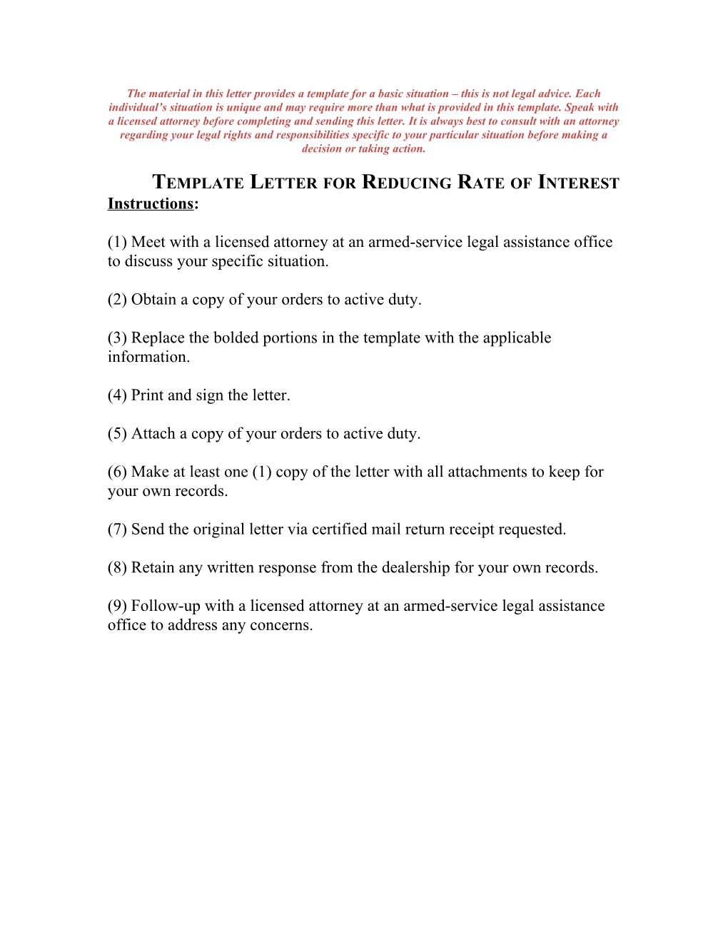 Template Letter for Reducing Rate of Interest