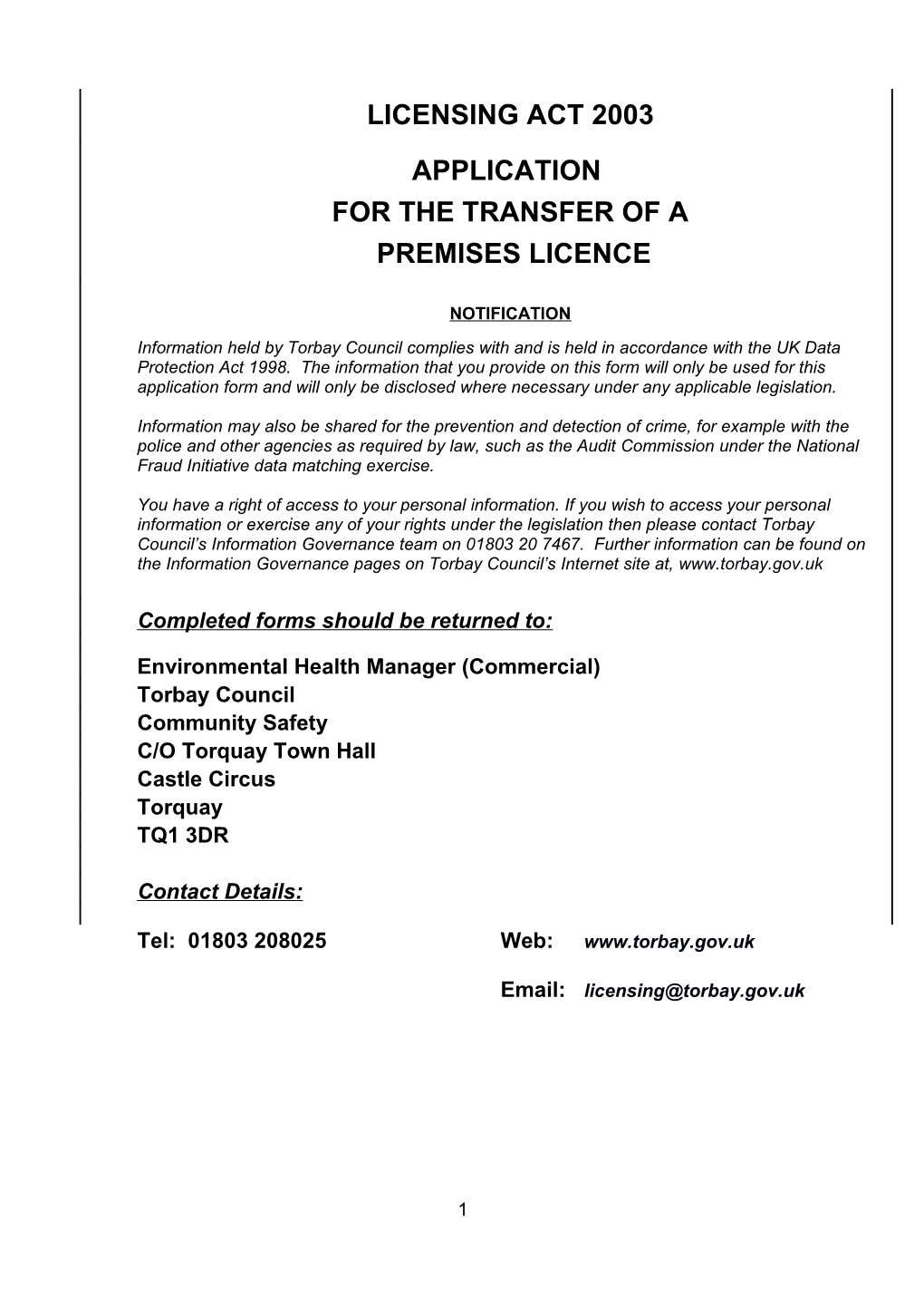 Application to Transfer Premises Licence to Be Granted Under the Licensing Act 2003 (Updated