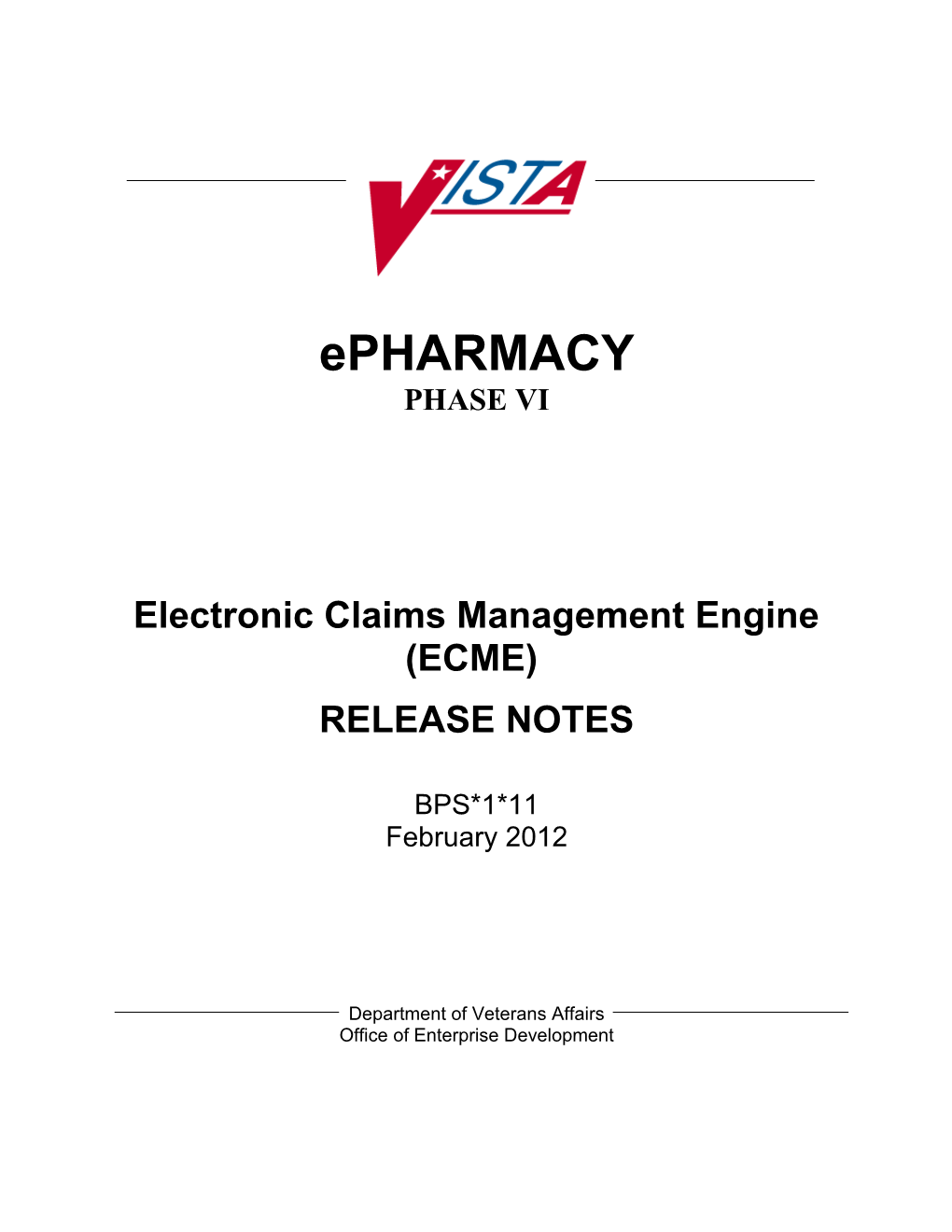 Department of Veterans Affairs ECME V.1 Patch 11 Release Notes