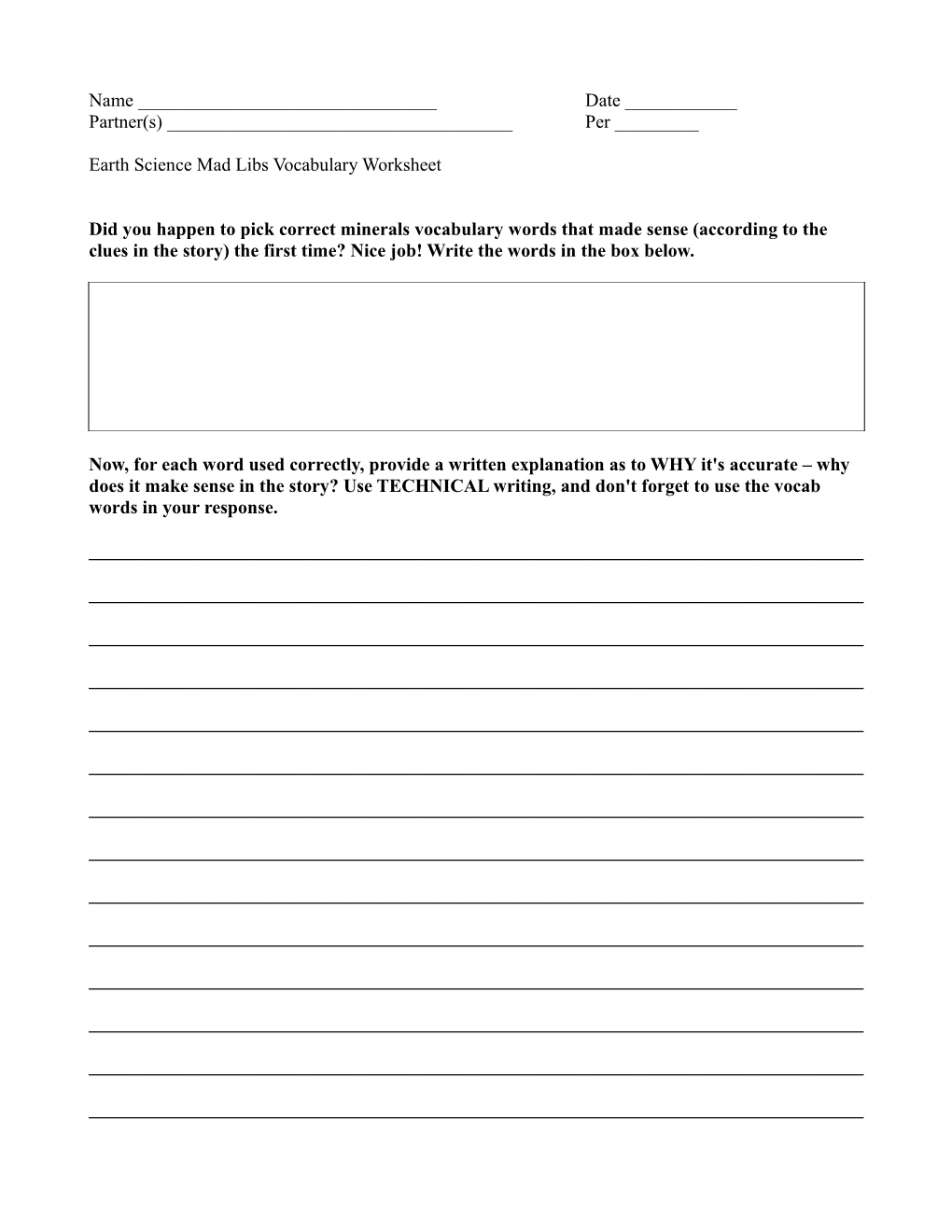 Earth Science Mad Libs Vocabulary Worksheet