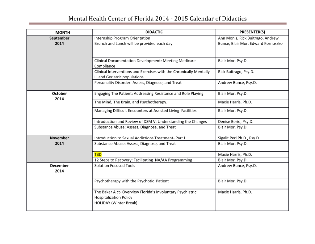 2014 - 2015 Calendar of Didactics