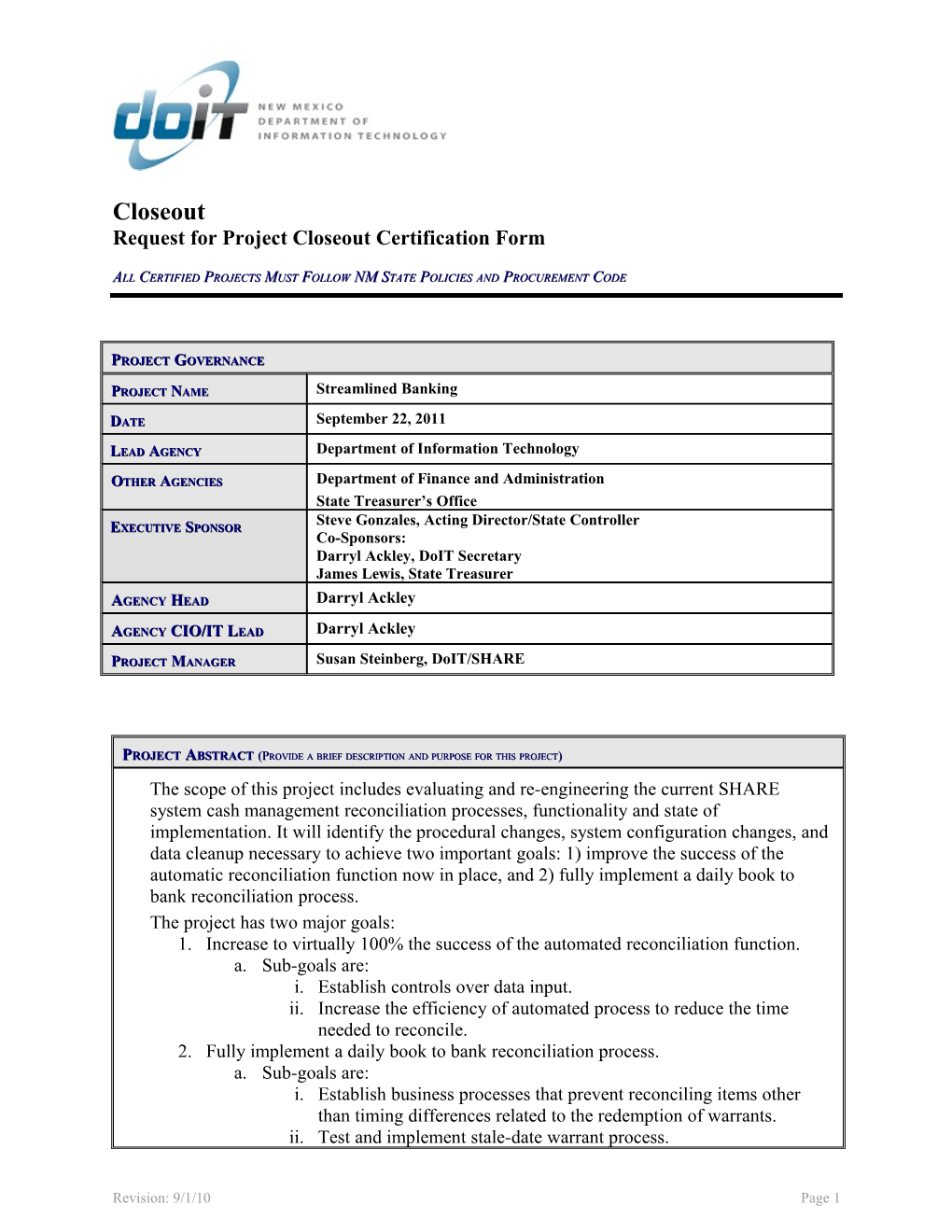Request for Project Closeout Certification Form
