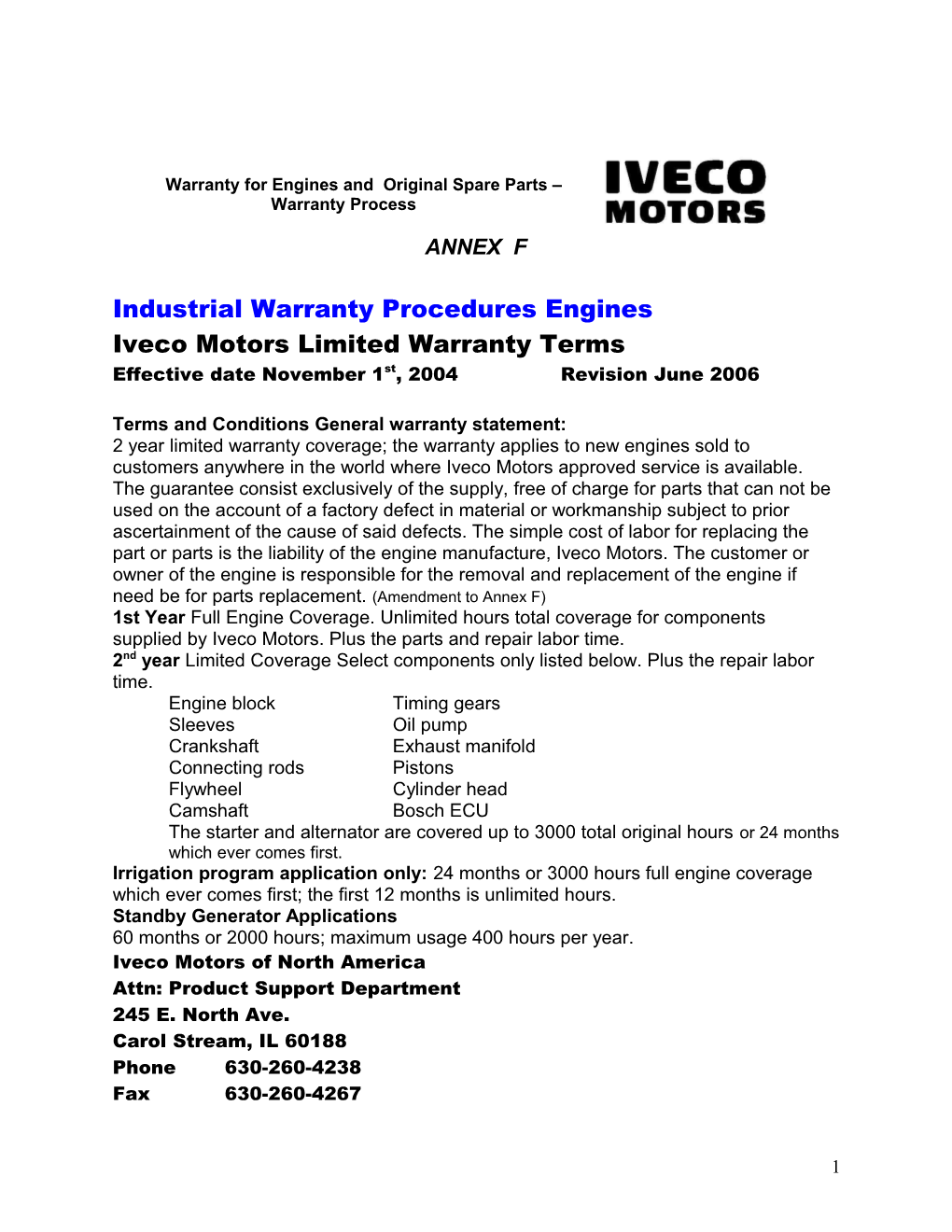 Industrial Warranty Procedures Engines