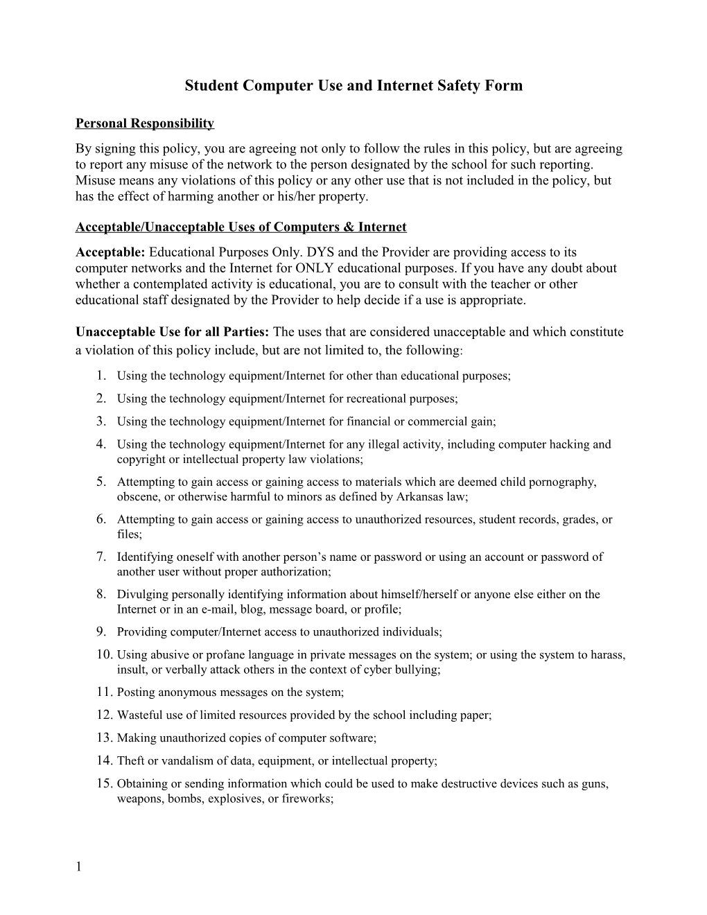 Student Computer Use and Internet Safety Form