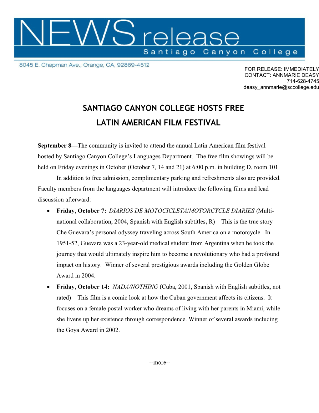 Santiago Canyon College Hosts Free Latin American Film Festival
