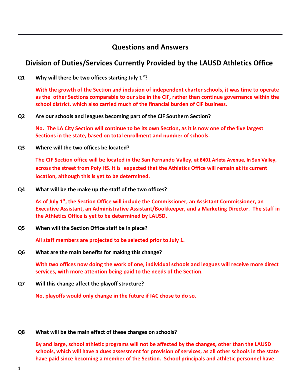 Division of Duties/Services Currently Provided by the LAUSD Athletics Office