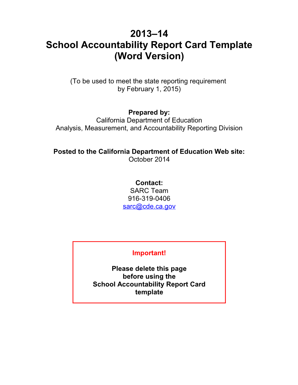 2013-14 SARC Template in Word - School Accountability Report Card (CA Dept of Education) s1