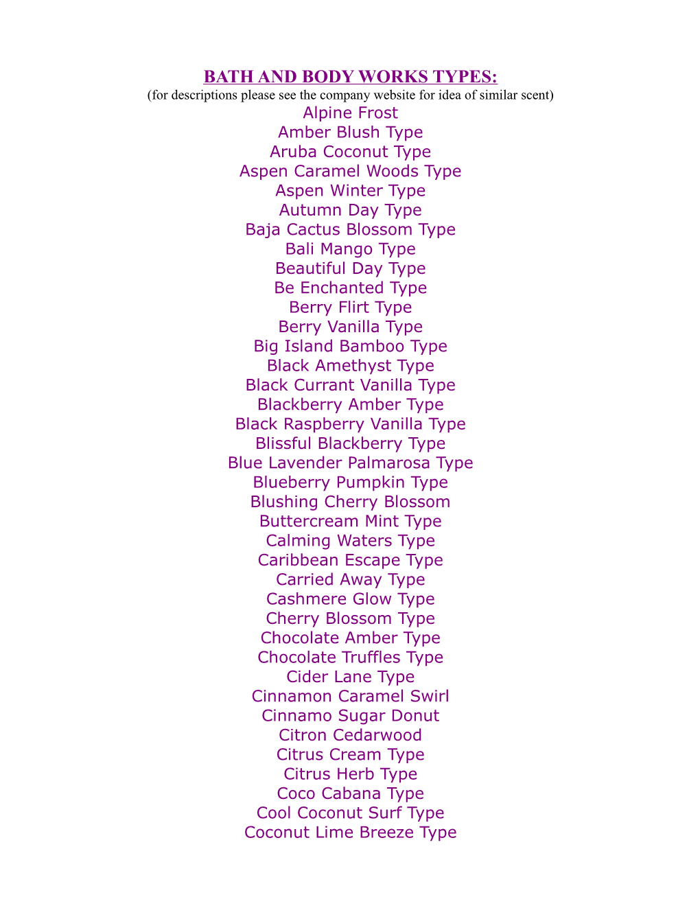 BATH and BODY WORKS TYPES: (For Descriptions Please See the Company Website for Idea Of