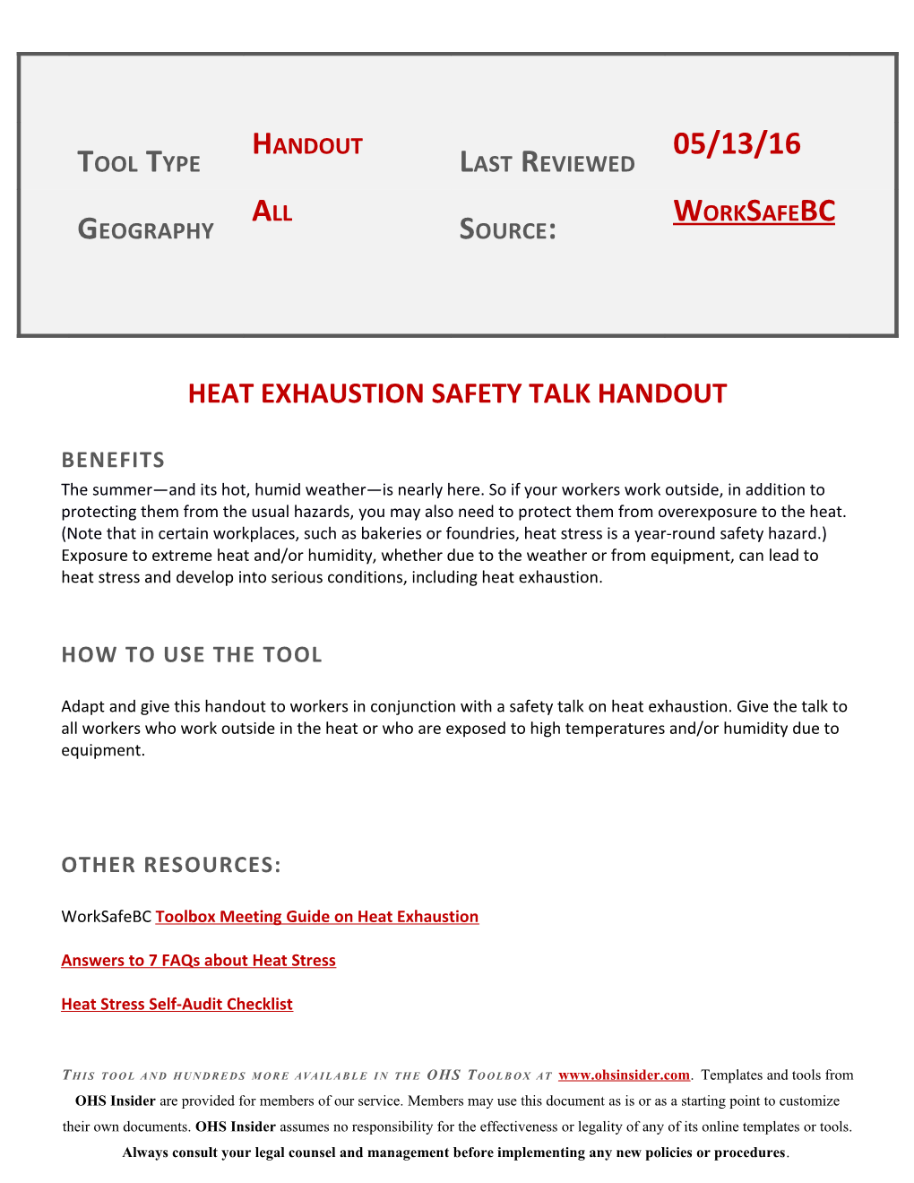 Heat Exhaustion Safety Talk Handout