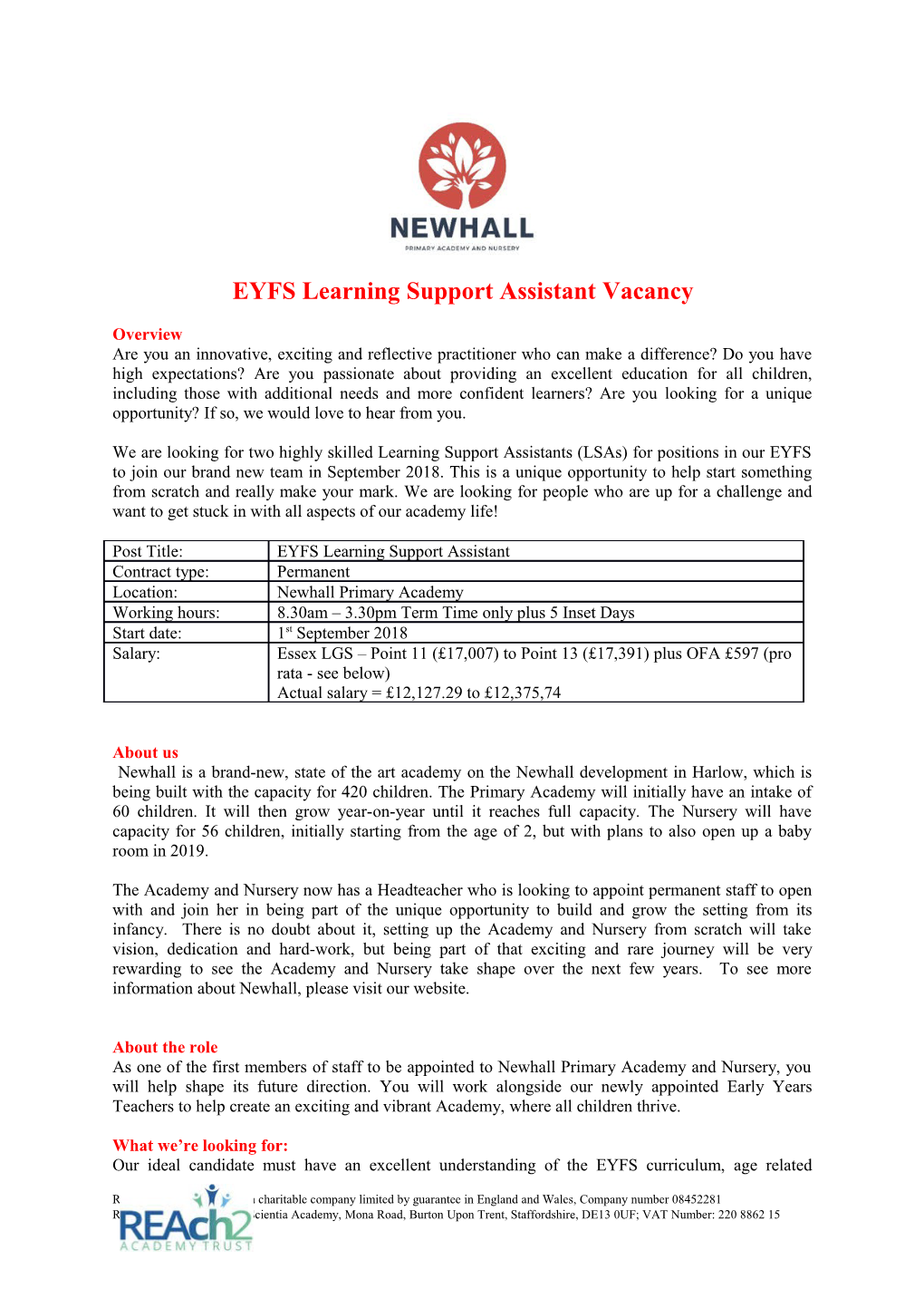 EYFS Learning Support Assistant Vacancy