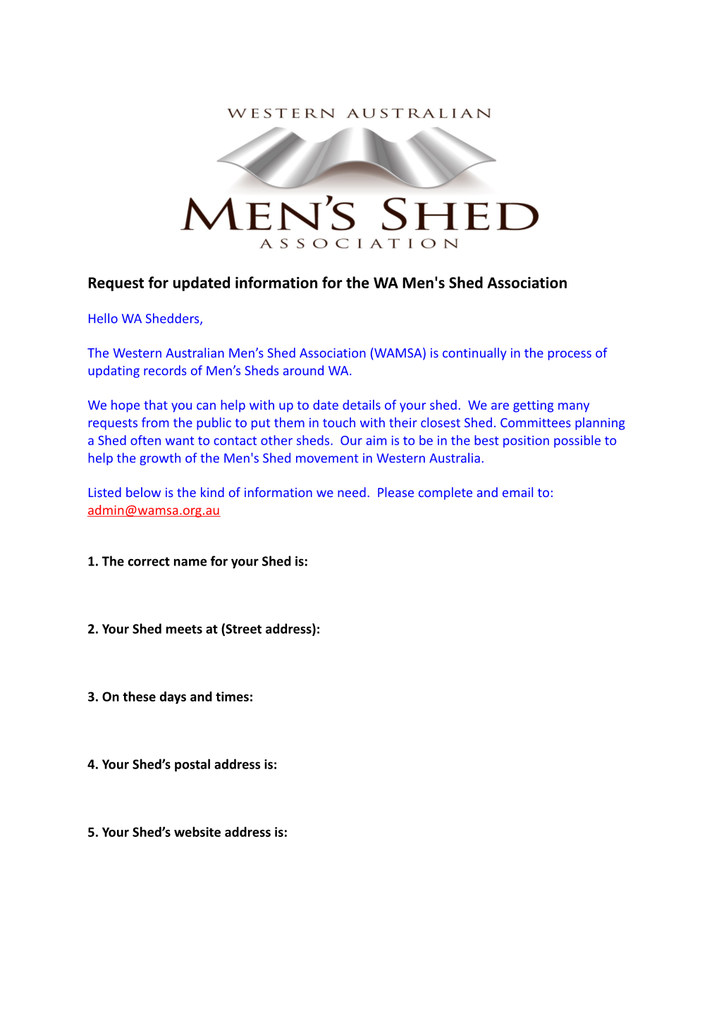 Request for Updated Information for the WA Men's Shed Association