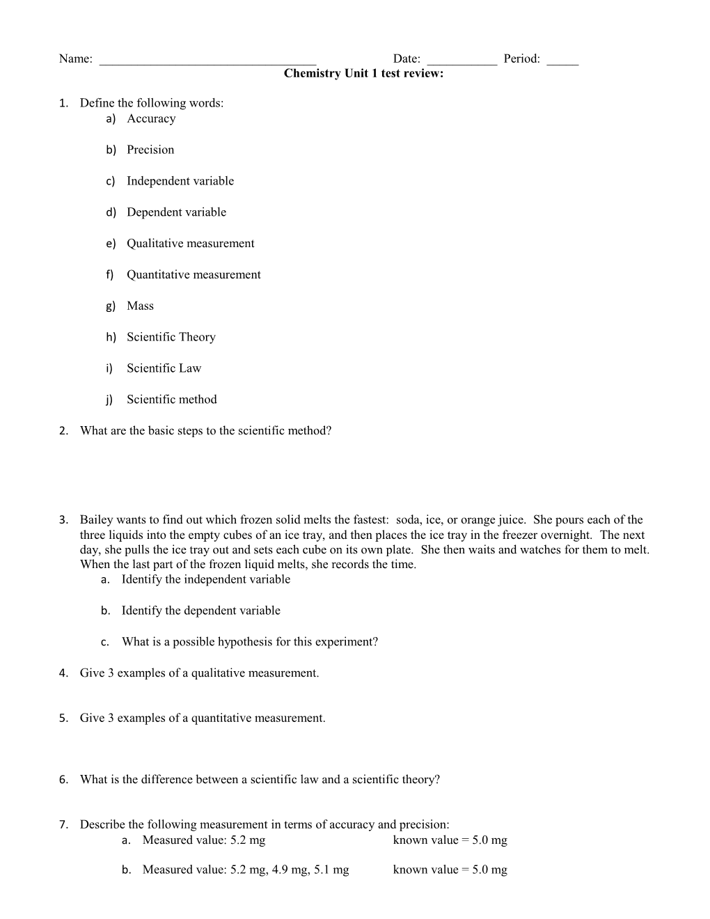 Chemistry Unit 1 Test Review