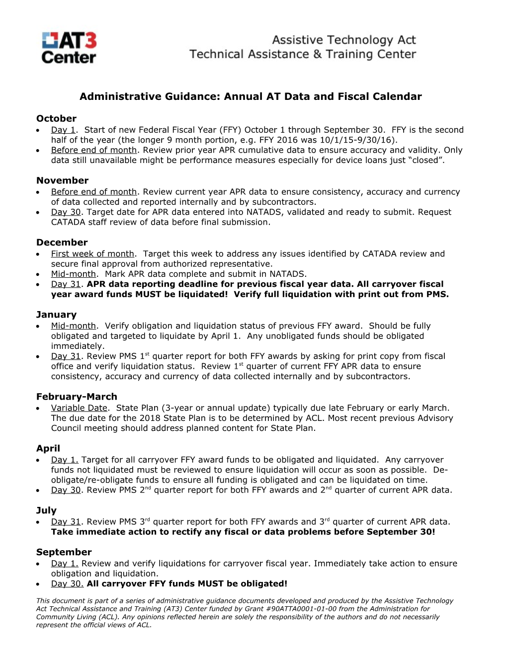 Administrative Guidance: Annual at Data and Fiscal Calendar