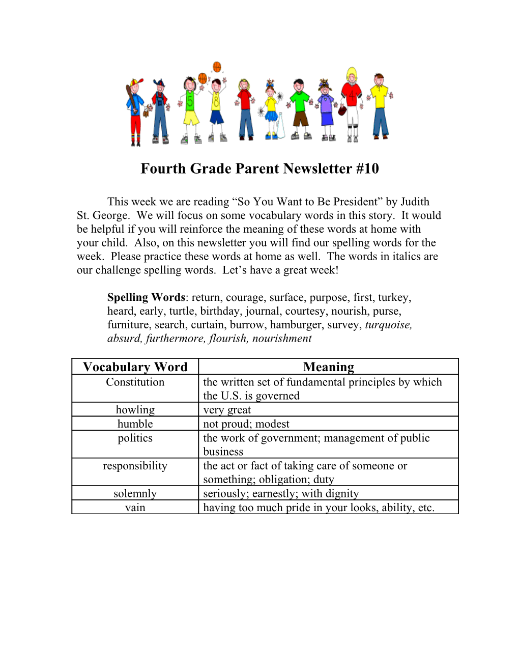 Fourth Grade Parent Newsletter #10