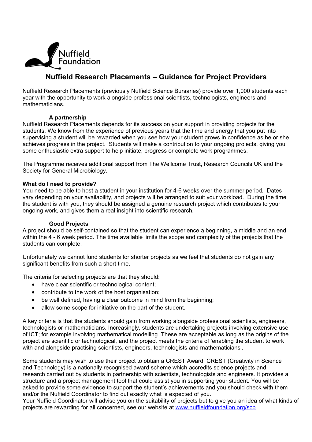 Nuffield Research Placements Guidance for Project Providers