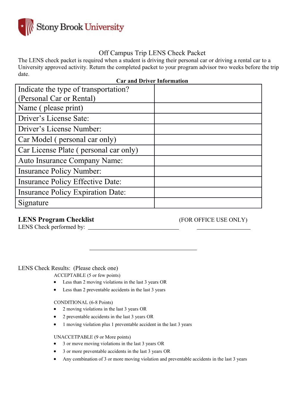 Off Campus Trip LENS Check Packet