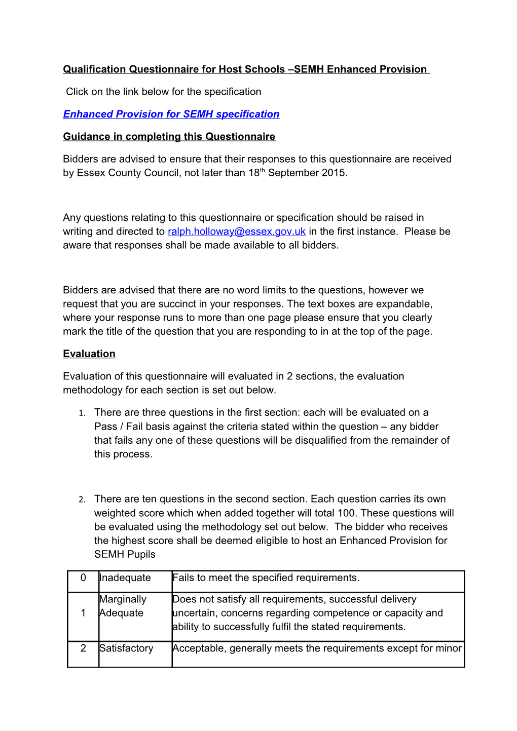 Qualification Questionnaire for Host Schools SEMH Enhanced Provision