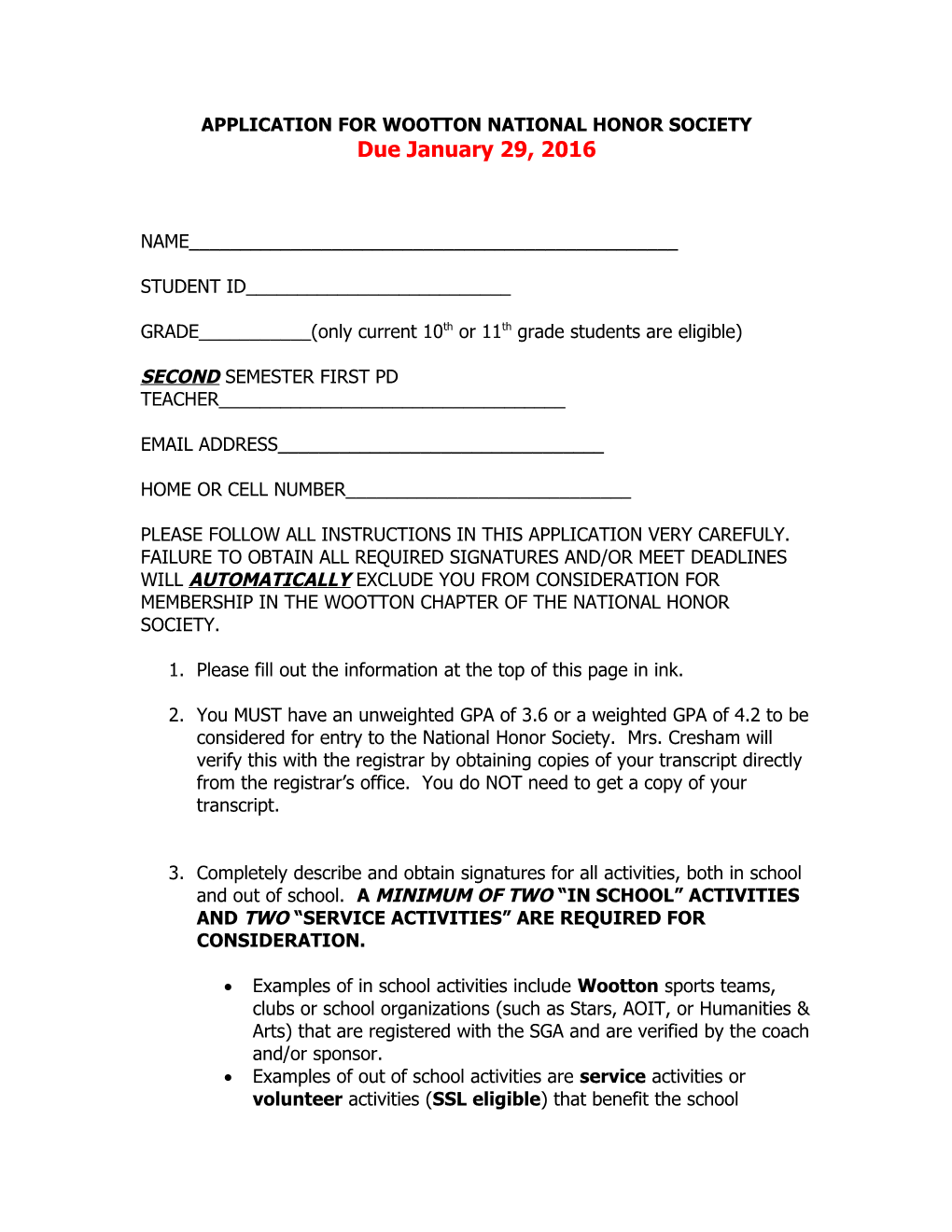 Application for Wootton National Honors Society
